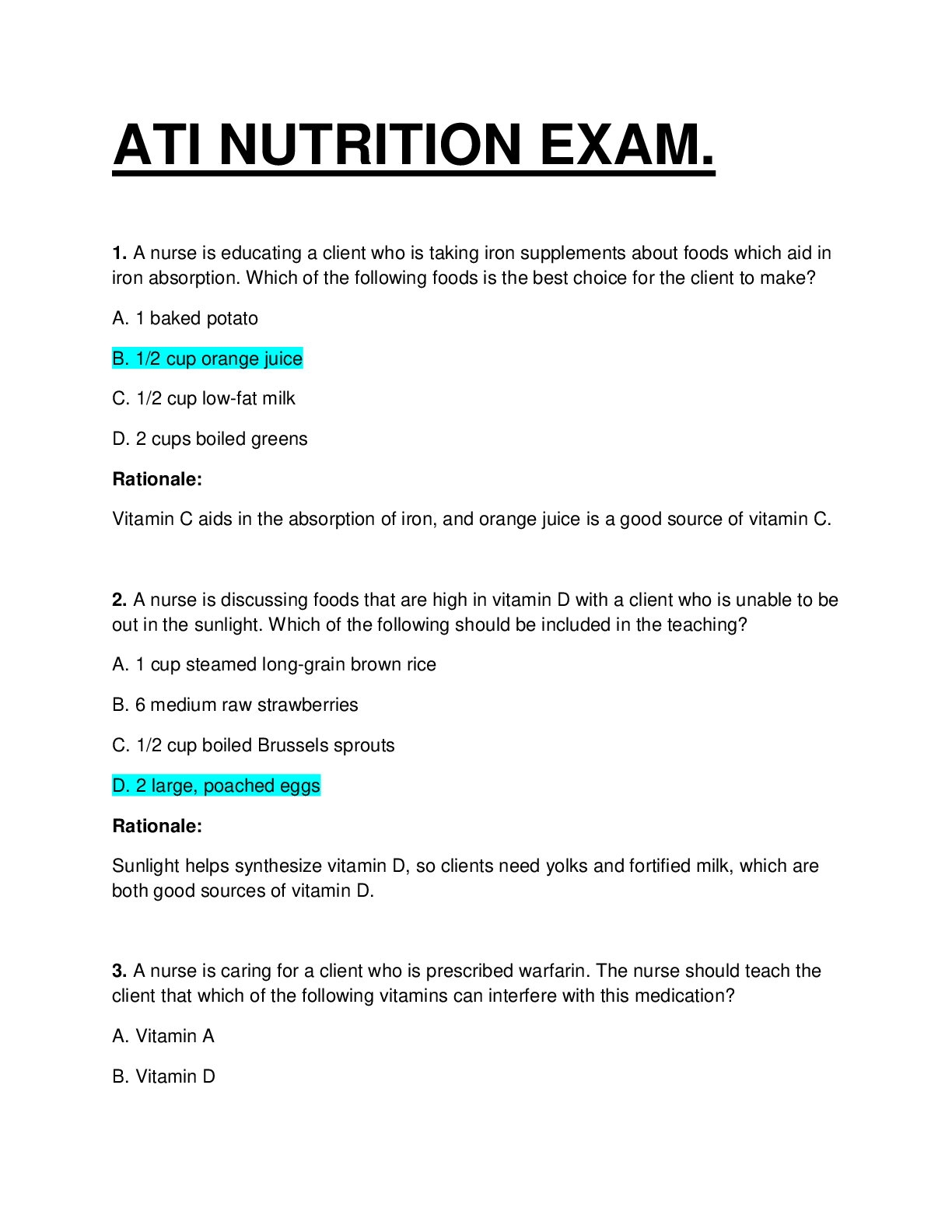 Preview image for ATI NUTRITION PROCTORED EXAM. QUESTIONS AND ANSWERS WITH RATIONALES.